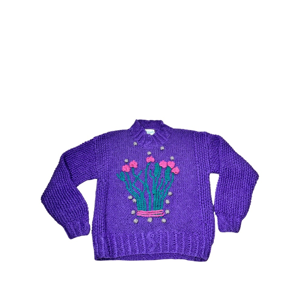 Vintage Pappagallo Sweater Size Medium Handknit Wool Acrylic Floral Embroidered